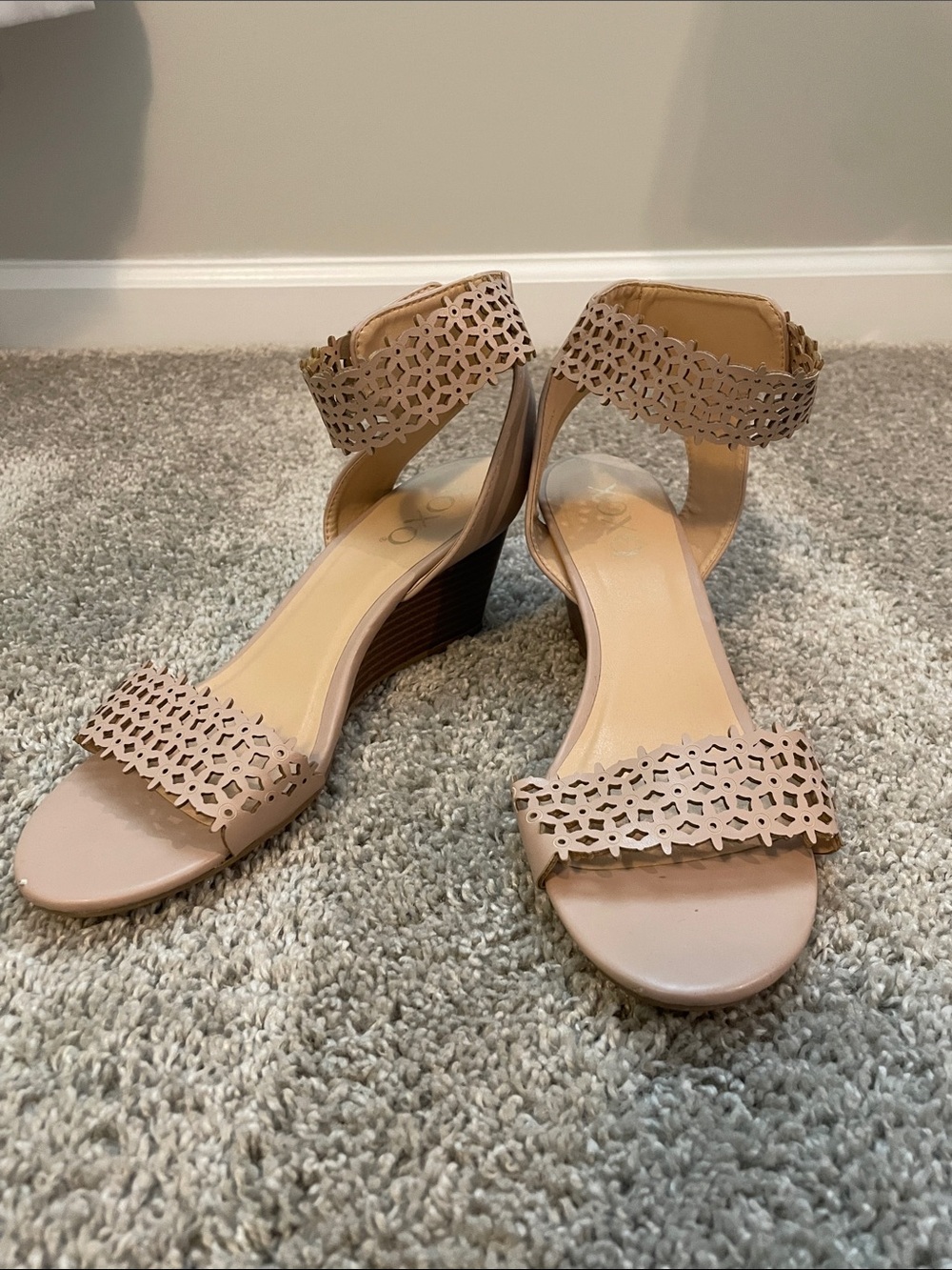 XOXO Beige Laser-Cut Ankle Strap Wedge Sandals, Size 8